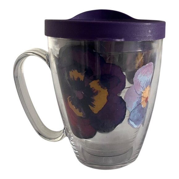 Tervis Purple Pansy Floral Insulated 16 oz Mug Handle Lid Cup - Picture 1 of 6